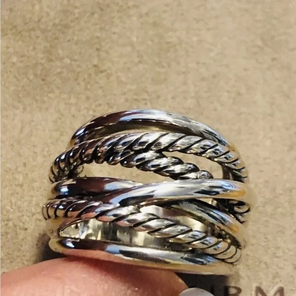 David Yurman Wide Cross Over Sterling Silver Cable Band Ring Size 5 w/Pouch Mint